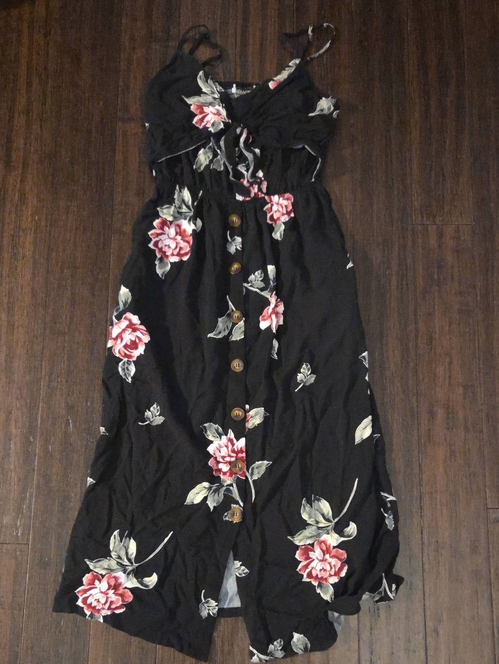 Unbranded Black Floral Button-Front Midi Dress with Pink Rose Print